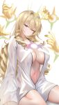  1girl absurdres blonde_hair blue_eyes breasts cleavage crown_(nikke) disembodied_hand drill_hair goddess_of_victory:_nikke hair_intakes head_tilt highres large_breasts light_censor long_hair long_sleeves looking_at_viewer multiple_hands naked_robe naked_shirt navel open_clothes open_mouth open_robe open_shirt quad_drills raurashun robe shirt side_drill simple_background sitting solo stomach too_many_drills twisted_hair wariza white_background white_robe white_shirt 