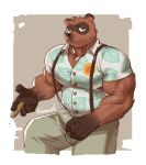  2020 absurd_res animal_crossing anthro barazoku belly bottomwear brown_body brown_fur bulge canid canine clothed clothing erection erection_under_clothing fur genital_outline hi_res male mammal nintendo pants penis_outline raccoon_dog shirt solo tanuki tom_nook_(animal_crossing) topwear video_games xianyusamuel 