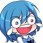  1girl blue_eyes blue_hair bmkro commentary commission english_commentary heterochromia laughing lowres open_mouth red_eyes short_hair smile solo tatara_kogasa tears teeth touhou transparent_background upper_body upper_teeth_only wheeze_emoji 
