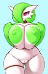  absurd_res anthro areola big_areola big_breasts breast_squeeze breasts camel_toe collar dibujosv12 female gardevoir generation_3_pokemon green_areola green_hair green_nipples hair hi_res huge_breasts nintendo nipples pokemon pokemon_(species) purple_eyes simple_background solo squeezing thick_thighs 