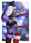 absurd_res anthro blue_sclera border breasts butt clothed clothing digital_drawing_(artwork) digital_media_(artwork) extinct fangs felid female fighting_ring flexing flexing_bicep footwear fur grey_body grey_fur hair hi_res looking_at_viewer looking_back looking_back_at_viewer mammal mask mouth_closed multicolored_body multicolored_fur muscular muscular_anthro muscular_female pink_nose prehistoric_species red_clothing red_footwear ring_cats roboticsteve saber-toothed_tiger saber_(roboticsteve) sabertooth_(anatomy) short_tail skimpy smile solo sports_mask sportswear striped_body striped_fur stripes tail teeth white_border white_hair wrestler wrestling_mask wrestling_outfit yellow_teeth