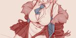  1girl arm_support belly between_breasts blue_archive breasts fur-trimmed_jacket fur_trim jacket kotori_(blue_archive) large_breasts lowres maibotsumou monochrome navel necktie necktie_between_breasts no_panties pleated_skirt plump simple_background skirt tegaki_draw_and_tweet 