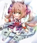  1girl animal_ears argyle_bow bow brown_eyes brown_hair chibi commentary dress hair_bow horse_ears horse_girl horse_tail layered_dress long_hair millennium_falcon multiple_hair_bows name_connection pink_bow pointing puffy_short_sleeves puffy_sleeves purple_bow red_bow riding short_sleeves sidelocks sitting smart_falcon_(umamusume) solo star_wars sugi_(user_nash8444) tail translation_request twintails two-tone_bow umamusume wariza 