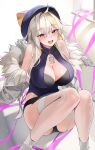  1girl :d absurdres ahoge bare_shoulders black_bra black_shorts blonde_hair blue_hat blue_sweater blurry blurry_background blush bra breasts choyeon cleavage cleavage_cutout clothing_cutout commentary_request fur-trimmed_jacket fur_trim garter_straps hat highres jacket jewelry korean_commentary large_breasts light_particles long_hair long_sleeves looking_at_viewer micro_shorts multicolored_hair necklace never_bite off_shoulder open_clothes open_jacket open_mouth original purple_eyes ribbed_sweater shorts smile solo sweater thighhighs two-tone_hair underwear virtual_youtuber white_footwear white_hair white_jacket white_thighhighs window 