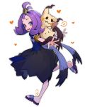  1girl :d acerola_(pokemon) armlet blue_eyes blush commentary_request dress from_side hair_ornament hairclip happy heart highres leg_up mimikyu musical_note noi_(noi_pk27) open_mouth pokemon pokemon_(creature) pokemon_on_back pokemon_sm purple_hair sandals short_sleeves smile spoken_musical_note toes topknot torn_clothes torn_dress white_background 