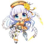  1girl :o armored_boots black_thighhighs blue_eyes blunt_bangs boots breasts character_request chibi commentary_request dress flower frilled_dress frills full_body gloves grey_hair hair_flower hair_ornament hat holding holding_whip hop_step_jumpers large_breasts lets0020 long_hair looking_at_viewer medium_bangs nurse_cap open_mouth orange_dress simple_background solo strapless strapless_dress thighhighs transparent_background v-shaped_eyebrows weapon whip_sword yellow_flower yellow_gloves yellow_hat 