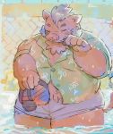  2020 absurd_res anthro belly bottomwear buta5kawa clothing eyes_closed gouryou hi_res kemono male mammal overweight overweight_anthro overweight_male shirt shorts solo suid suina sus_(pig) tokyo_afterschool_summoners topwear video_games water wild_boar 