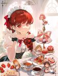  5girls absurdres apron bibi_booom black_hair bow bowtie breasts cake closed_eyes cup desert dress food fruit glasses highres holding holding_cup interlocked_fingers long_hair looking_at_viewer maid_headdress mini_person minigirl multiple_girls niijima_makoto okumura_haru open_mouth orange_hair persona persona_5 persona_5_the_royal pink_bow plate puffy_short_sleeves puffy_sleeves red_bow red_bowtie red_eyes red_hair sakura_futaba saucer short_hair short_sleeves smile strawberry takamaki_anne teacup white_apron yoshizawa_kasumi 
