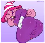  1girl anus ass bent_over blush_stickers breasts colored_skin curly_hair futanari ghost_tail gloves gradient_background hair_over_eyes hat highres large_breasts looking_at_viewer mario_(series) newhalf nipples npczoey paper_mario paper_mario:_the_thousand_year_door parted_lips penis perineum pink_hair purple_background purple_skin solo striped_clothes striped_headwear testicles two-tone_headwear vivian_(paper_mario) white_gloves witch_hat yellow_lips 