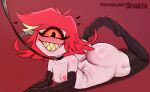  1_eye big_butt blush breasts butt cyclops demon demon_humanoid dialogue fangs female hair hazbin_hotel hi_res humanoid mostly_nude niffty_(hazbin_hotel) nipples open_mouth open_smile red_hair simple_background small_breasts smile solo spageta teeth thick_thighs white_body 