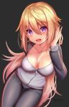  1girl :d black_background blonde_hair breasts charlotte_dunois cleavage hair_between_eyes highres infinite_stratos jacket kaptivate long_hair looking_at_viewer medium_breasts open_mouth purple_eyes smile solo track_jacket very_long_hair 