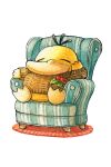  armchair brown_sweater chair closed_eyes commentary english_commentary hand_up holly long_sleeves no_humans oliver_hamlin on_chair painting_(medium) pokemon pokemon_(creature) psyduck rug simple_background sitting sleeping sleeping_upright solo sweater traditional_media watercolor_(medium) white_background 