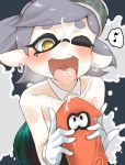  :d \m/ bangs bare_arms bare_shoulders black_eyes black_jumpsuit blush breath bug collar collarbone commentary_request detached_collar domino_mask drooling earrings eighth_note eyebrows_visible_through_hair gloves grabbing grey_hair heart heart-shaped_pupils highres hotaru_(splatoon) index_finger_raised inkling jewelry looking_at_another looking_up mask mole mole_under_eye musical_note nabeo neon_trim object_on_head one_eye_closed open_mouth outstretched_arms pointy_ears print_jumpsuit ringed_eyes sexually_suggestive short_hair short_jumpsuit simulated_facial sleeveless smile speech_bubble splatoon_(series) spoken_musical_note suggestive_fluid swept_bangs symbol-shaped_pupils tentacle_hair tied_hair tongue tongue_out upper_teeth veins white_collar white_gloves 