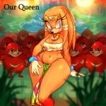  anthro blue_eyes blush bottomwear bracelet breasts cleavage clothed clothing crop_top crown echidna female fur gloves grass group handwear headgear jewelry knuckles_the_echidna loincloth male mammal meme monotreme n0idmagemog necklace nervous_smile orange_body orange_fur plant red_body red_fur sega shirt smile sonic_adventure sonic_the_hedgehog_(series) sunset thick_thighs tiara tikal_the_echidna topwear waterfall wide_hips 