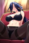  1girl bare_shoulders black_bra black_panties black_ribbon blue_hair blurry blurry_background bra breasts clorinde_(genshin_impact) collarbone commentary commission couch curtains day earrings english_commentary genshin_impact hair_between_eyes hair_ribbon highres indoors jewelry large_breasts lindaroze long_hair looking_at_viewer low_ponytail multicolored_hair navel on_couch paid_reward_available panties panties_under_pantyhose pantyhose parted_bangs parted_lips purple_eyes purple_hair ribbon seductive_smile sitting smile solo spread_legs streaked_hair sunlight thighband_pantyhose twitter_username underwear underwear_only very_long_hair web_address 