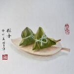  chinese_text food food_focus highres no_humans original pinghu_qiuyue plate still_life wooden_plate zongzi 