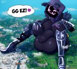 anthro areola armor balls bear big_balls big_breasts big_penis breasts clothing crossgender english_text epic_games flaccid fortnite genitals gynomorph heart_after_text heart_symbol hi_res hood huge_balls huge_breasts huge_hips huge_penis humanoid hyper hyper_balls hyper_genitalia hyper_penis intersex macro mammal map metal nipple_dip nipples penile penis purple_areola purple_body purple_nipples raven_team_leader scar shadow_face size_difference solo speech_bubble text tohilewd wide_hips