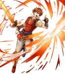  1boy attack brown_eyes brown_gloves brown_hair edward_(fire_emblem) fingerless_gloves fire_emblem fire_emblem:_radiant_dawn fire_emblem_heroes gloves highres holding holding_sword holding_weapon non-web_source official_art open_mouth scabbard sheath solo sword v-shaped_eyebrows weapon 