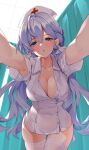  1girl alternate_costume armpits blue_eyes blue_hair breasts cleavage closed_mouth collarbone collared_dress covered_navel dress garter_straps green_eyes hair_between_eyes hat head_wings highres honkai:_star_rail honkai_(series) hospital indoors jewel_under_eye large_breasts lingerie matrix16 nurse nurse_cap panties parted_lips partially_unbuttoned pov privacy_screen revision robin_(honkai:_star_rail) short_sleeves solo strap thighhighs underwear white_dress white_panties white_thighhighs white_wings wings 