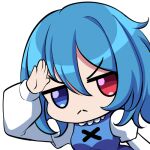  1girl :&lt; blue_eyes blue_hair bmkro closed_mouth commentary commission english_commentary frown heterochromia long_sleeves looking_at_viewer lowres red_eyes salute short_hair solo tatara_kogasa touhou transparent_background upper_body 