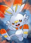  animal_focus bandaid bandaid_on_face bandaid_on_nose blue_background buck_teeth commentary_request day_walker1117 hands_up happy highres no_humans open_mouth orange_eyes pawpads pokemon pokemon_(creature) revision scorbunny smile solo teeth upper_teeth_only 