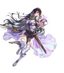  1girl armor attack ayra_(fire_emblem) ayra_(resplendent)_(fire_emblem) black_hair boots breastplate dress earrings fire_emblem fire_emblem:_genealogy_of_the_holy_war fire_emblem_heroes highres holding holding_sword holding_weapon jewelry long_hair non-web_source official_alternate_costume official_art parted_lips purple_dress purple_eyes scabbard sheath solo sword teeth thigh_boots thigh_strap weapon white_footwear 