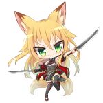 1girl animal_ears armpits black_dress black_thighhighs blonde_hair blush character_request chibi closed_mouth commentary_request dress dual_wielding fox_ears fox_girl fox_tail full_body green_eyes holding holding_sword holding_weapon hop_step_jumpers jacket lets0020 looking_at_viewer multiple_tails open_clothes open_jacket outstretched_arms red_footwear red_jacket scabbard sheath shoes sidelocks simple_background sleeveless sleeveless_dress smile sneakers solo spread_arms sword tail thighhighs transparent_background two_tails v-shaped_eyebrows weapon 