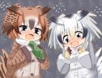  2girls blush brown_coat brown_wings chili_pepper coat commentary_request crying crying_with_eyes_open eating eurasian_eagle_owl_(kemono_friends) flying_sweatdrops fur_collar grey_coat grey_hair grey_wings head_wings kemono_friends lets0020 long_sleeves multicolored_hair multiple_girls northern_white-faced_owl_(kemono_friends) open_mouth screaming short_hair tears upper_body white_hair wings 