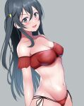  1girl absurdres arms_behind_back bikini black_hair borgbutler breasts commentary_request grey_background grey_eyes groin highres long_hair looking_at_viewer love_live! love_live!_nijigasaki_high_school_idol_club medium_breasts multi-strapped_bikini_bottom navel off-shoulder_bikini off_shoulder one_side_up open_mouth partial_commentary red_bikini side-tie_bikini_bottom simple_background smile solo standing string_bikini swimsuit unfinished wet yuki_setsuna_(love_live!) 