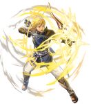  1boy aiming attack black_gloves blonde_hair blue_eyes bow_(weapon) drawing_bow fingerless_gloves fire_emblem fire_emblem:_radiant_dawn fire_emblem_heroes gloves highres holding holding_bow_(weapon) holding_weapon leonardo_(fire_emblem) light medium_hair non-web_source official_art open_mouth quiver solo teeth v-shaped_eyebrows weapon 