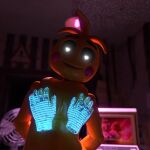  1:1 3d_(artwork) animatronic anthro avian blender_(artwork) breast_grab breasts desk_fan digital_media_(artwork) disembodied_hand female first_person_view five_nights_at_freddy&#039;s five_nights_at_freddy&#039;s_2 glowing glowing_eyes hand_on_breast kogrib looking_at_viewer lovetaste_chica machine nude office robot scottgames solo toy_chica_(fnaf) virtual_hands 