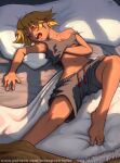  1girl 2017 bare_legs barefoot bed bed_sheet blanket blonde_hair blush breasts crop_top cropped_shirt drooling english_commentary fingernails fur_trim grey_pajamas grey_pants grey_shirt light_rays maxa&#039; messy_hair midriff morning mouth_drool navel off_shoulder on_bed open_mouth open_pajamas pajamas pants patreon_username pillow red_rope rope scratching scratching_chest shiny_skin shirt shorts signature sleeping sleeveless small_breasts snoring solo spread_toes teeth tild_-_mage_a_louer tild_framith toes tomboy tongue upper_teeth_only web_address yellow_blanket 