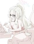  1girl blue_archive breasts camisole glasses hair_ornament hairclip highres holding holding_stylus large_breasts long_hair mabufuyo meru_(blue_archive) ponytail shortstack simple_background sketch spot_color stylus sweat tablet_pc thick_thighs thighs underwear wavy_mouth white_background 
