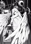  1girl alternate_costume angel angel_wings bound bound_legs braid broken chain commentary corruption cuffs dress empty_eyes feathered_wings greyscale highres hugging_own_legs jewelry kirisame_marisa long_hair long_sleeves looking_at_viewer monochrome monsterification necklace no_headwear nodoguro_(phi-tan) open_mouth pendant shackles side_braid single_braid solo touhou wings 