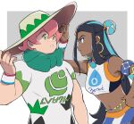  1boy 1girl arm_up armlet belly_chain bike_shorts black_hair blue_eyeshadow blush closed_mouth commentary_request dark-skinned_female dark_skin dynamax_band eye_contact eyeshadow green_scarf grey_background hair_bun hand_on_own_hip hand_up hat highres jewelry long_hair looking_at_another makeup midriff milo_(pokemon) mocollie multicolored_hair navel necklace nessa_(pokemon) pink_hair pokemon pokemon_swsh scarf shirt short_sleeves sports_bra sun_hat two-tone_hair white_shirt 