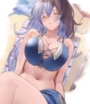  1girl absurdres betabeet bikini blue_bikini braid breasts cleavage closed_mouth granblue_fantasy hair_between_eyes highres large_breasts long_hair lying navel on_back sarong silva_(granblue_fantasy) silver_hair solo swimsuit thighs twin_braids very_long_hair 