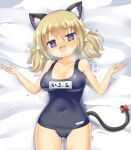  1girl :d animal_ear_fluff animal_ears blonde_hair blush bow breasts cat_ears cat_girl cat_tail cleavage commentary_request covered_navel cowboy_shot grey_one-piece_swimsuit highres kafuru_(senran_kagura) large_breasts lets0020 looking_at_viewer low_twintails medium_bangs medium_hair name_tag nose_blush old_school_swimsuit one-piece_swimsuit open_mouth purple_eyes raised_eyebrow red_bow school_swimsuit senran_kagura senran_kagura_estival_versus short_twintails smile solo swimsuit tail tail_bow tail_ornament twintails variant_set 
