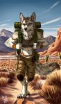  absurd_res anthro backpacking bari_ricardo_artwork canid canine canis clothed clothing desert fur hi_res hiking male mammal outside solo tail topwear wolf wolfe_decker 