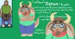  anthro beard big_ears bovid bovine brown_hair cattle clothing clothing_around_waist coldgemini duo english_text eyewear facial_hair fangs glasses goatee goblin green_clothing hair hi_res hoodie hooves horn male mammal scarf shane_frost short slightly_chubby slightly_chubby_male teeth text thick_thighs topwear 