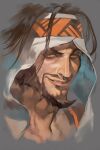  1boy beard close-up dark-skinned_male dark_skin facial_hair grey_background hungry_clicker looking_at_viewer male_focus rashid_(street_fighter) smile solo street_fighter 