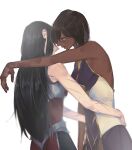  2girls arm_on_another&#039;s_shoulder black_hair brown_hair closed_mouth dark-skinned_female dark_skin from_side green_eyes hair_between_eyes hands_on_another&#039;s_waist injury irelia karma_(league_of_legends) league_of_legends long_hair looking_at_viewer medium_hair multiple_girls scar scar_on_arm simple_background sleeveless uchu_keito upper_body white_background yuri 