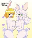 anthro blonde_hair breast_squish breasts breasts_frottage butt carrot_(one_piece) cotton_tail digital_drawing_(artwork) digital_media_(artwork) duo female female/female female_anthro fur green_eyes hair hand_holding heart_symbol hi_res lagomorph leporid looking_at_viewer mammal nude nude_female one_piece open_mouth open_smile rabbit red_tongue rick_lewd short_tail side_view smile squish standing tail tongue white_body white_fur white_hair 