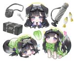  1girl absurdres adjustable_wrench ammunition animal_ears animalization bag black_hair blue_archive blush cabbage chibi closed_mouth dog dog_ears dog_girl dog_tail eyewear_on_head flying_sweatdrops goggles goggles_on_head grabbing_own_hair hair_bobbles hair_ornament halo happy heart hibiki_(blue_archive) highres jiyuneva long_hair long_sleeves looking_at_viewer mortar_(weapon) mortar_shell napa_cabbage purple_eyes sleeves_past_wrists smile tail tongue tongue_out twintails wrench 
