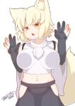  1girl absurdres against_glass animal_ear_fluff animal_ears bare_shoulders black_gloves black_skirt blonde_hair breast_press breasts cowboy_shot dated detached_sleeves elbow_gloves gloves groin hands_up highres hip_vent inubashiri_momiji large_breasts looking_at_viewer midriff navel open_mouth orange_eyes otomen_maru-no-uchi partially_fingerless_gloves shirt short_hair signature skirt sleeveless sleeveless_shirt solo standing tail tail_raised touhou turtleneck turtleneck_shirt white_shirt white_sleeves wide_sleeves yellow_tail 