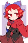  1girl black_shirt blue_bow blush bow brown_skirt cape closed_mouth hair_bow ini_(inunabe00) long_sleeves pleated_skirt red_cape red_eyes red_hair sekibanki shirt short_hair skirt solo touhou 