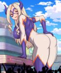  1girl artist_name ass blonde_hair blue_sky bodysuit boku_no_hero_academia breasts building city domino_mask eye_mask giant giantess hand_on_own_ass horns large_breasts long_hair mask masked mount_lady multicolored_bodysuit multicolored_clothes purple_eyes purple_horns purple_mask red_eyes redjet skin_tight sky solo_focus superhero_costume upper_body 