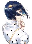  1boy blue_eyes blue_hair blunt_bangs blunt_ends bob_cut bruno_bucciarati closed_mouth collared_shirt commentary_request eyelashes fingernails from_behind hair_ornament hair_over_one_eye hairclip hand_on_own_chin high_collar highres jojo_no_kimyou_na_bouken long_sleeves looking_at_viewer looking_back male_focus shirt short_hair simple_background smile solo tiyi_(tiyi_a09) upper_body vento_aureo white_background white_shirt zipper_pull_tab 