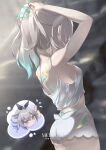  1girl absurdres ass back back_tattoo bare_shoulders bow breasts commentary_request cowboy_shot crossed_bangs drill_hair drill_ponytail firefly_(honkai:_star_rail) from_behind gradient_hair green_hair grey_eyes grey_hair hair_between_eyes hair_bow highres honkai:_star_rail honkai_(series) instagram_logo instagram_username medium_breasts mercury_jc midriff_peek multicolored_hair nape ponytail purple_bow shirt shorts sideboob sidelocks silver_wolf_(honkai:_star_rail) solo tank_top tattoo thighs thought_bubble thumbs_up twitter_username twitter_x_logo tying_hair white_hair white_shirt white_shorts 