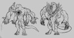  2024 4_arms accidental_bow_mutant_(resident_evil) ambiguous_gender anthro capcom claws digitigrade fangs feral flesh_creature g-virus_mutant_(resident_evil) g_(g_creature) genitals group hi_res humanoid monochrome monster monstrous_humanoid multi_arm multi_genitalia multi_limb muscular muscular_feral pupils resident_evil sharp_teeth simple_background sketch slit_pupils teeth teratophilia tusks undead varva zombie 