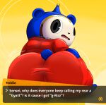  absurd_res anthro bear big_butt bulge butt clothing dialogue game_ui hand_on_butt hi_res humor looking_at_viewer looking_back male mammal persona_(series) persona_4 pun solo suit teddie_(persona) tepigfan101 text_box tight_clothing 